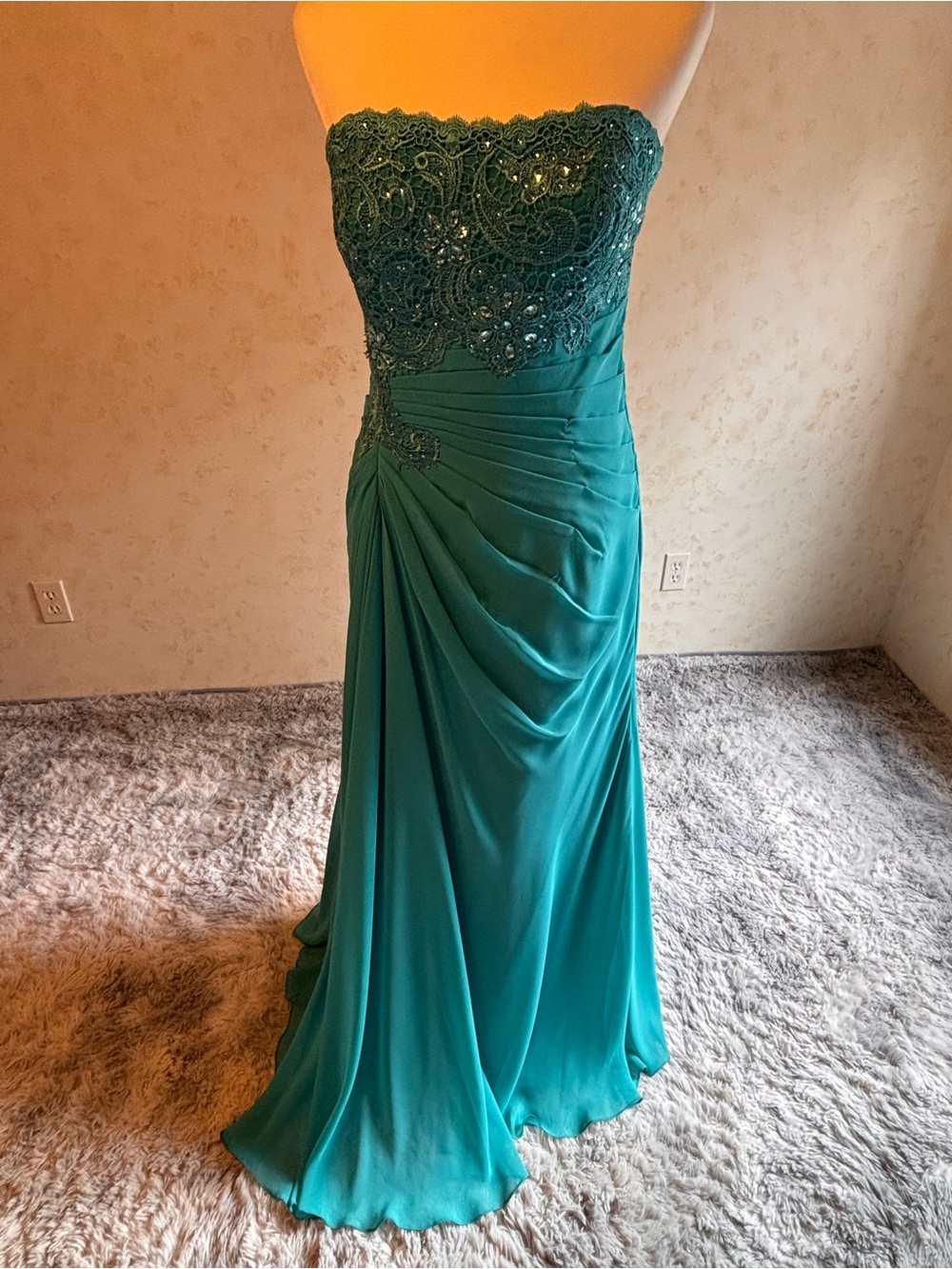 Strapless Turquoise Evening Gown with Beaded Lace Bodice and bolero jacket